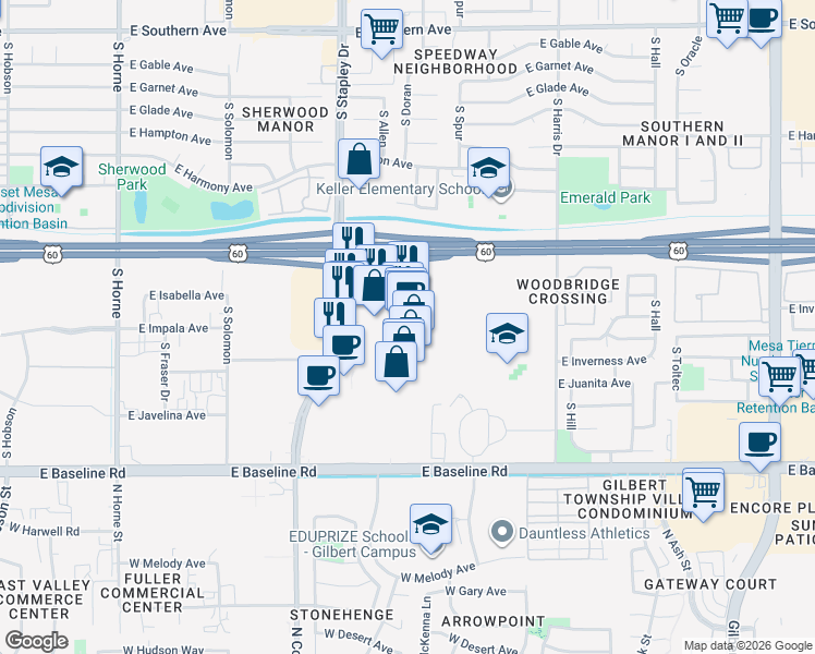 map of restaurants, bars, coffee shops, grocery stores, and more near 1649 South Stapley Drive in Mesa