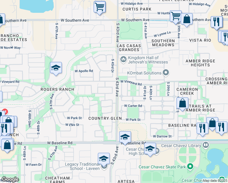 map of restaurants, bars, coffee shops, grocery stores, and more near 6833 South 43rd Drive in Phoenix