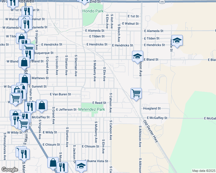 map of restaurants, bars, coffee shops, grocery stores, and more near 901-999 South Elm Avenue in Roswell