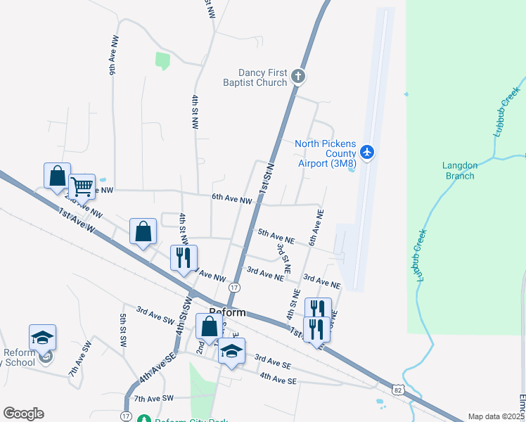 map of restaurants, bars, coffee shops, grocery stores, and more near 100 6th Avenue Northeast in Reform