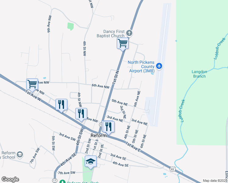map of restaurants, bars, coffee shops, grocery stores, and more near 100-202 6th Avenue Northeast in Reform