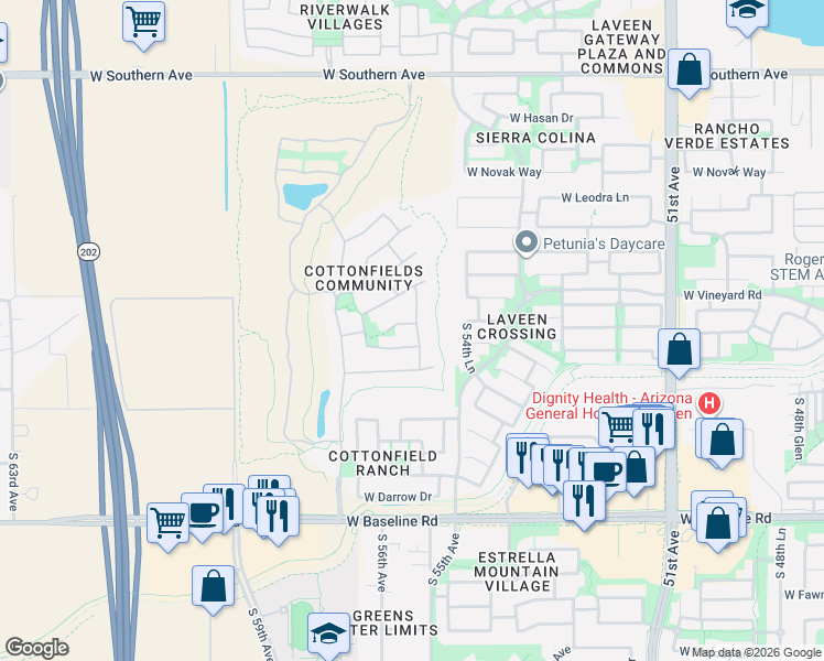 map of restaurants, bars, coffee shops, grocery stores, and more near 5530 West Darrel Road in Phoenix