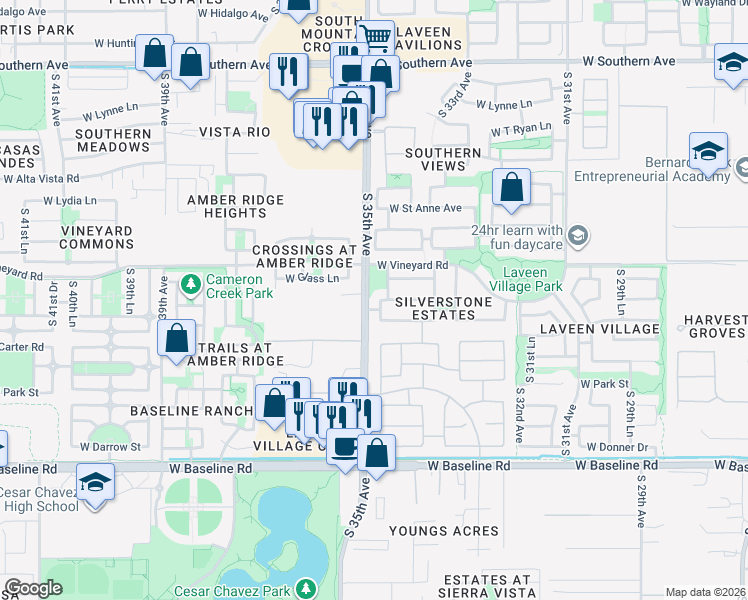 map of restaurants, bars, coffee shops, grocery stores, and more near 7004 South 34th Lane in Phoenix