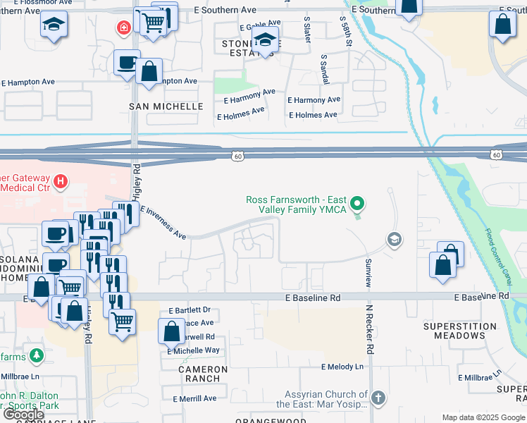 map of restaurants, bars, coffee shops, grocery stores, and more near 5552 East Inverness Avenue in Mesa