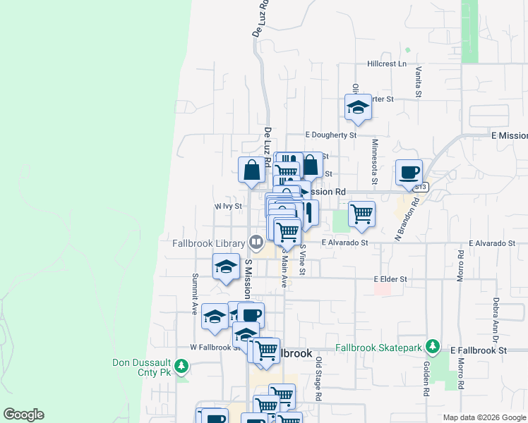 map of restaurants, bars, coffee shops, grocery stores, and more near 127 West Ivy Street in Fallbrook