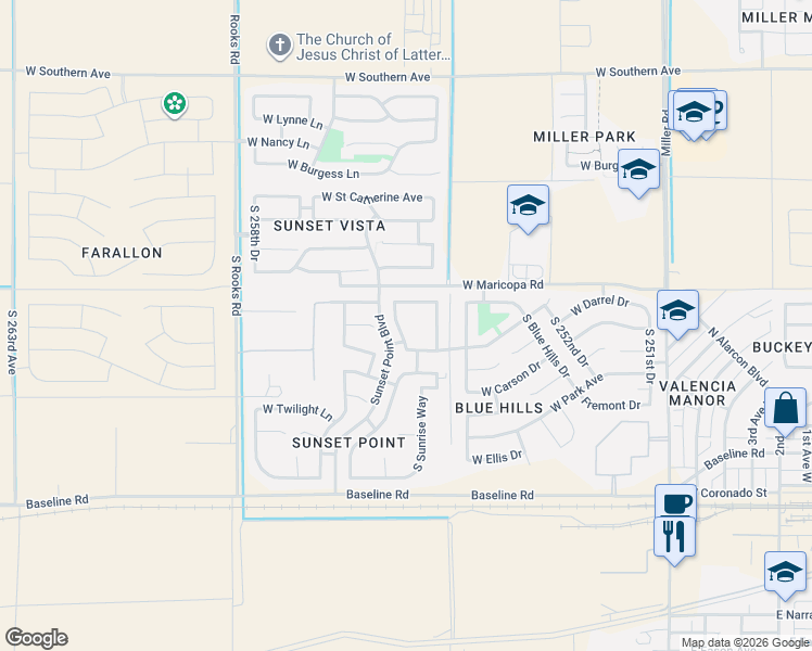 map of restaurants, bars, coffee shops, grocery stores, and more near 25549 West Northern Lights Way in Buckeye