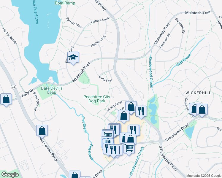 map of restaurants, bars, coffee shops, grocery stores, and more near 114 Braelinn Courts in Peachtree City