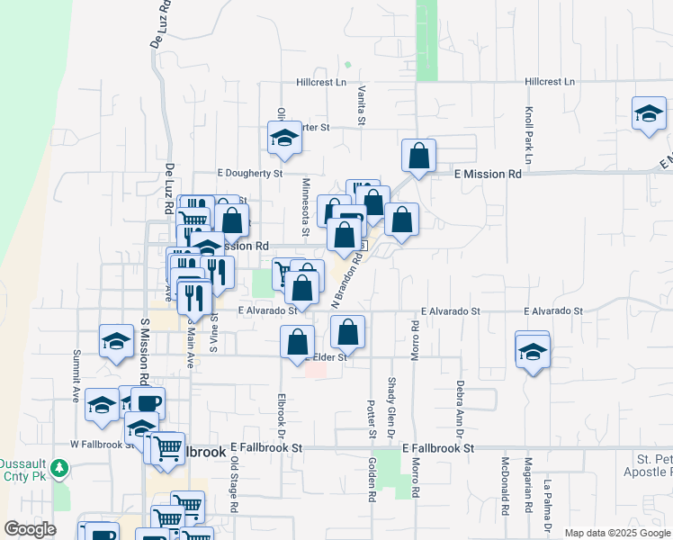 map of restaurants, bars, coffee shops, grocery stores, and more near 300 North Brandon Road in Fallbrook