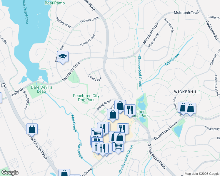 map of restaurants, bars, coffee shops, grocery stores, and more near 186 Braelinn Ct in Peachtree City