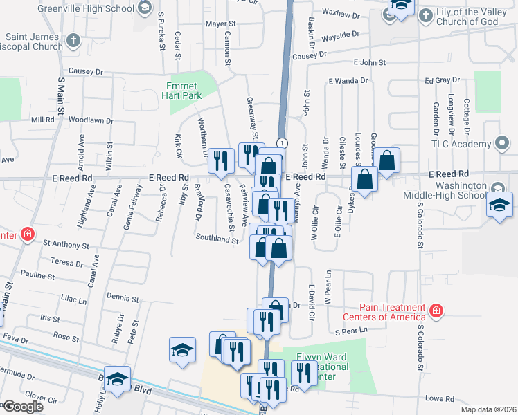 map of restaurants, bars, coffee shops, grocery stores, and more near 1423 State Highway 1 in Greenville