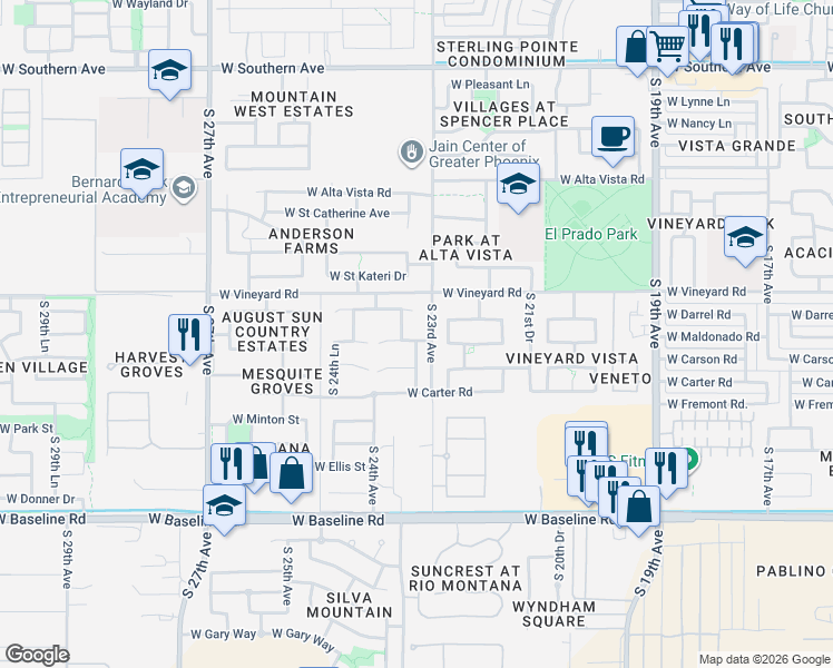 map of restaurants, bars, coffee shops, grocery stores, and more near 2311 West Darrel Road in Phoenix