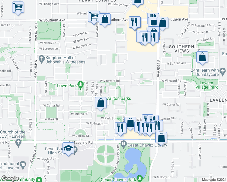 map of restaurants, bars, coffee shops, grocery stores, and more near 6910 South 37th Glen in Phoenix