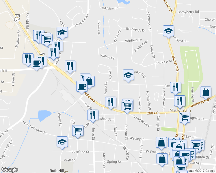 map of restaurants, bars, coffee shops, grocery stores, and more near 11 Forest Lane in Newnan