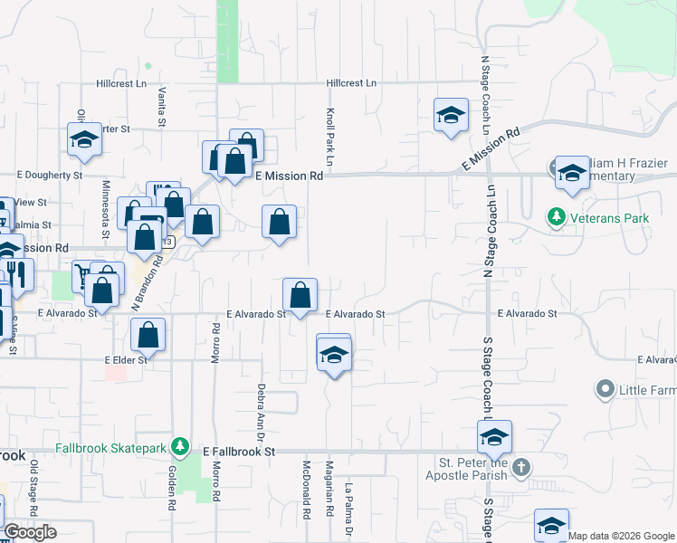 map of restaurants, bars, coffee shops, grocery stores, and more near 1154 Belair Drive in Fallbrook