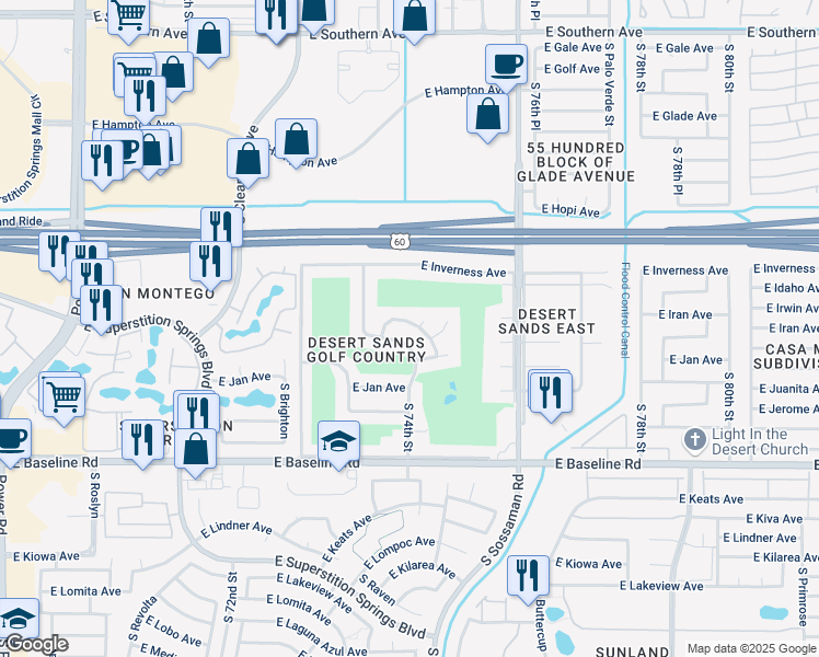 map of restaurants, bars, coffee shops, grocery stores, and more near 7430 East Irwin Avenue in Mesa