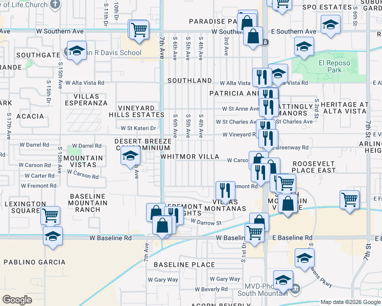 map of restaurants, bars, coffee shops, grocery stores, and more near 6835 South 5th Avenue in Phoenix