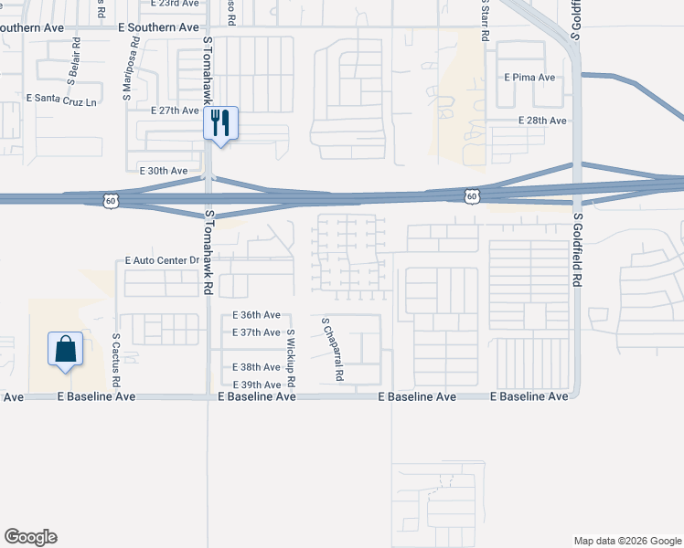 map of restaurants, bars, coffee shops, grocery stores, and more near 3431 South Bowman Road in Apache Junction