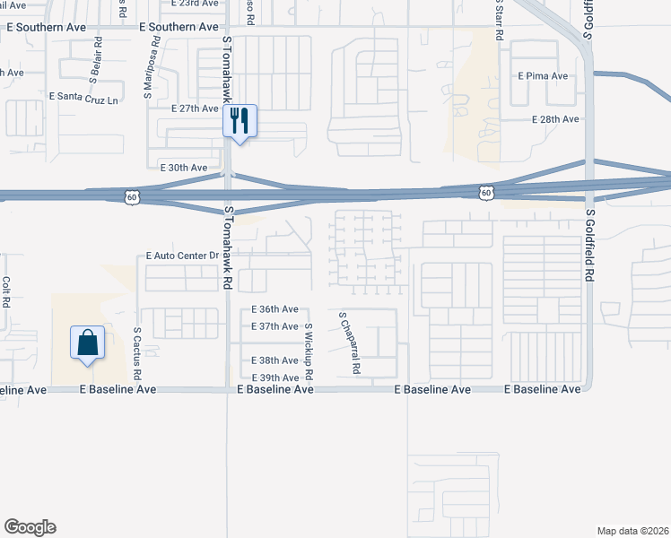 map of restaurants, bars, coffee shops, grocery stores, and more near 3448 South Chaparral Road in Apache Junction