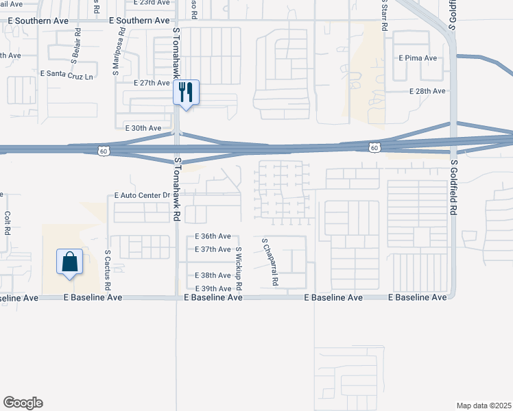 map of restaurants, bars, coffee shops, grocery stores, and more near 3448 South Chaparral Road in Apache Junction