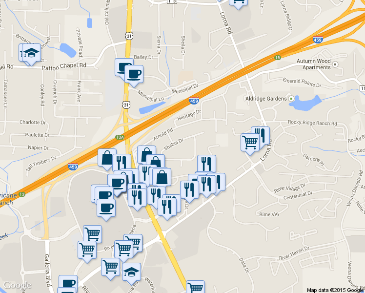 map of restaurants, bars, coffee shops, grocery stores, and more near 2021 Shebia Drive in Birmingham