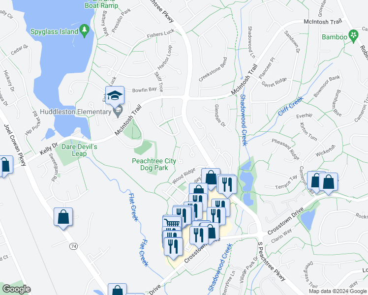 map of restaurants, bars, coffee shops, grocery stores, and more near 158 Braelinn Courts in Peachtree City