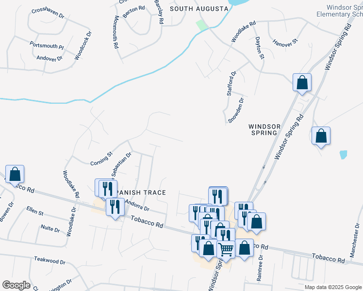 map of restaurants, bars, coffee shops, grocery stores, and more near 2726 Cardigan Court in Hephzibah