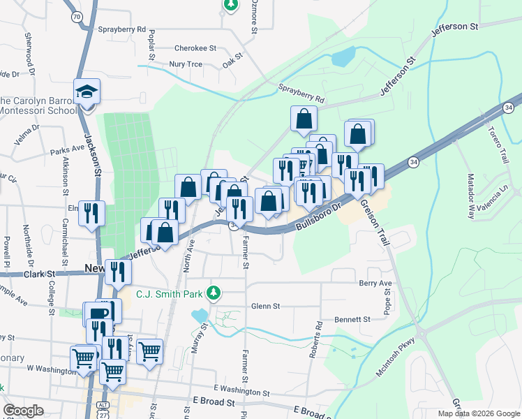 map of restaurants, bars, coffee shops, grocery stores, and more near 16 Farmer Street in Newnan