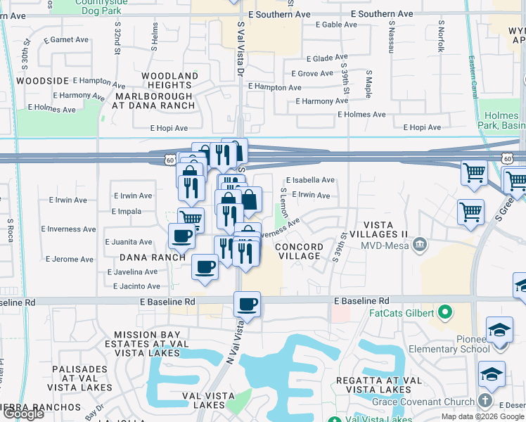 map of restaurants, bars, coffee shops, grocery stores, and more near 3636 East Inverness Avenue in Mesa
