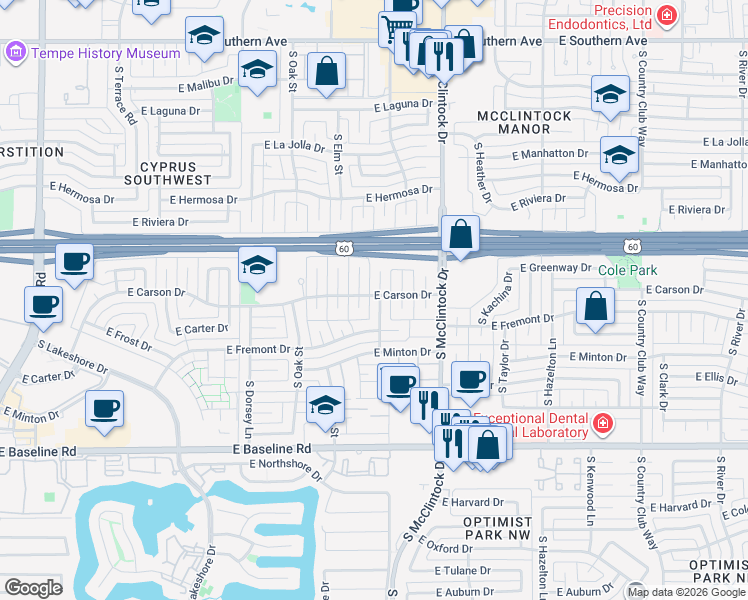 map of restaurants, bars, coffee shops, grocery stores, and more near 4430 South Willow Drive in Tempe