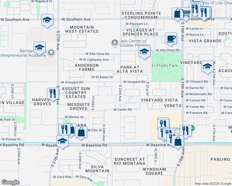 map of restaurants, bars, coffee shops, grocery stores, and more near 2311 West Darrel Road in Phoenix