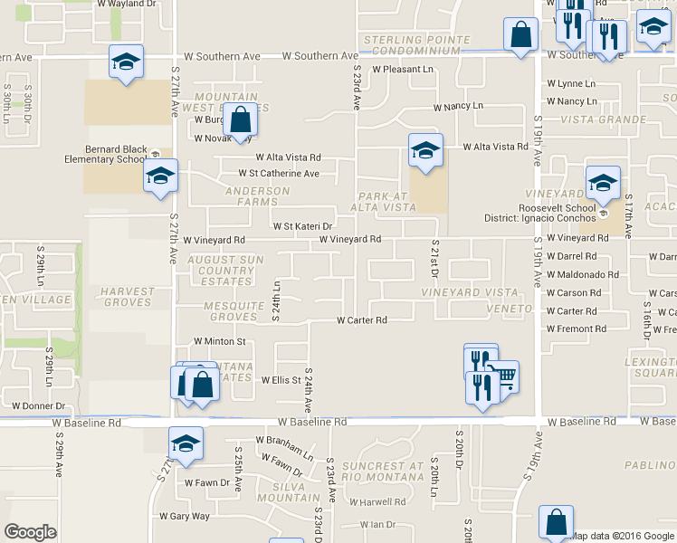 map of restaurants, bars, coffee shops, grocery stores, and more near 2314 West Maldonado Road in Phoenix