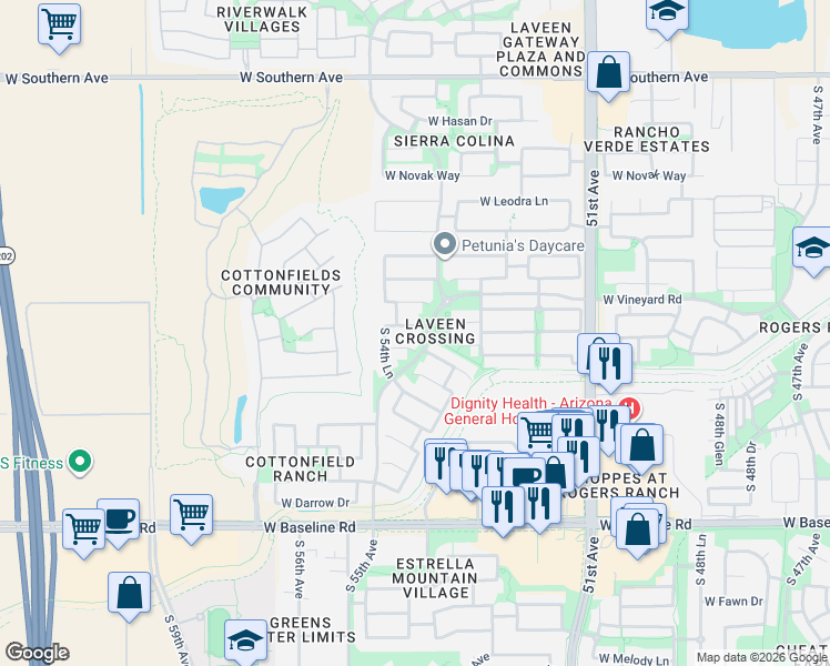 map of restaurants, bars, coffee shops, grocery stores, and more near 5415 West Shumway Farm Road in Phoenix