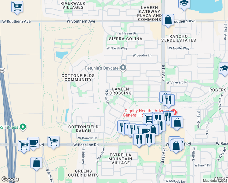 map of restaurants, bars, coffee shops, grocery stores, and more near 5415 West Shumway Farm Road in Phoenix