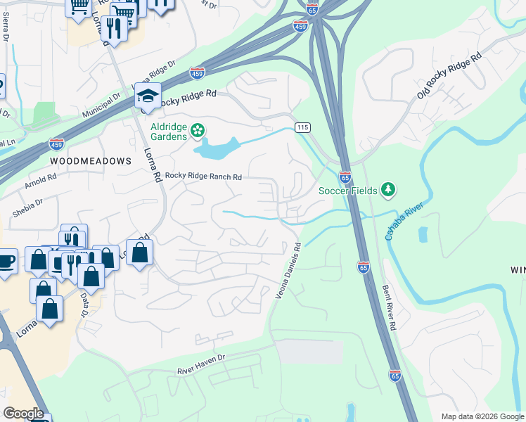 map of restaurants, bars, coffee shops, grocery stores, and more near 601 Wildbrook Lane in Hoover