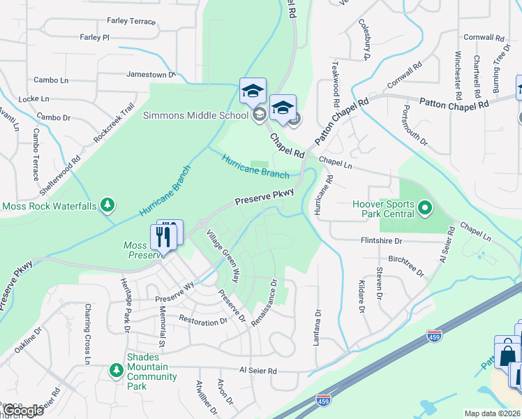 map of restaurants, bars, coffee shops, grocery stores, and more near 1595 Patton Chapel Road in Birmingham