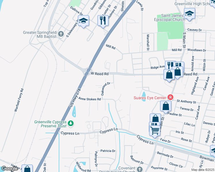 map of restaurants, bars, coffee shops, grocery stores, and more near 1444 Oakwood Dr in Greenville