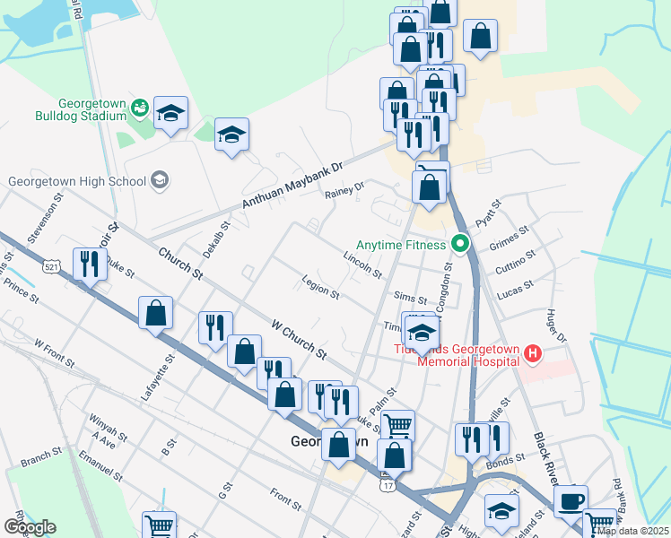 map of restaurants, bars, coffee shops, grocery stores, and more near 2119 Legion Street in Georgetown
