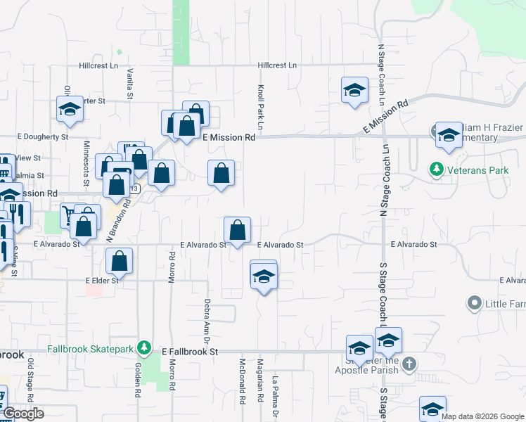 map of restaurants, bars, coffee shops, grocery stores, and more near 1154 Belair Drive in Fallbrook