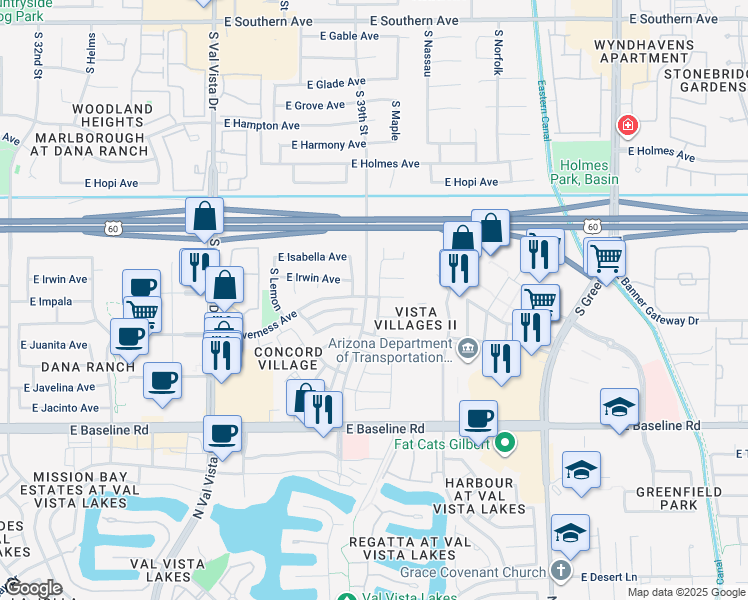 map of restaurants, bars, coffee shops, grocery stores, and more near 91 East Inverness Avenue in Mesa