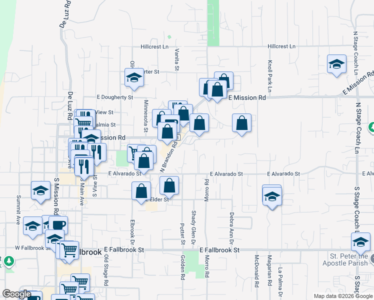 map of restaurants, bars, coffee shops, grocery stores, and more near 171 Lillian Way in Fallbrook
