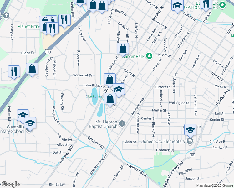 map of restaurants, bars, coffee shops, grocery stores, and more near 131 3rd Avenue North in Bessemer