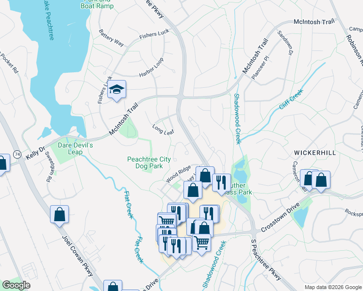 map of restaurants, bars, coffee shops, grocery stores, and more near 114 Braelinn Courts in Peachtree City