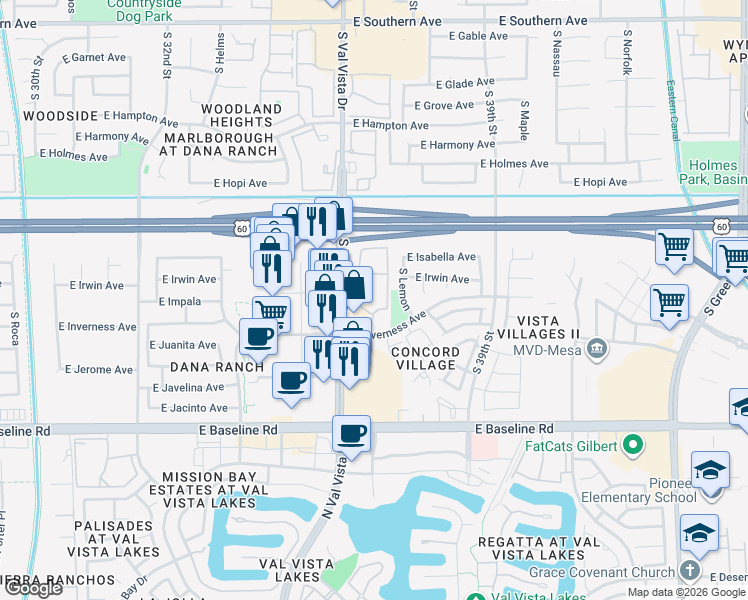map of restaurants, bars, coffee shops, grocery stores, and more near 3636 East Inverness Avenue in Mesa