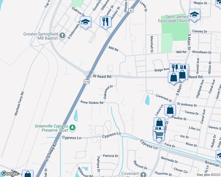 map of restaurants, bars, coffee shops, grocery stores, and more near 1444 Oakwood Drive in Greenville