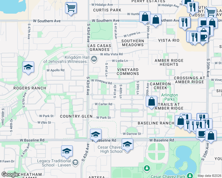 map of restaurants, bars, coffee shops, grocery stores, and more near 6807 South 41st Lane in Phoenix