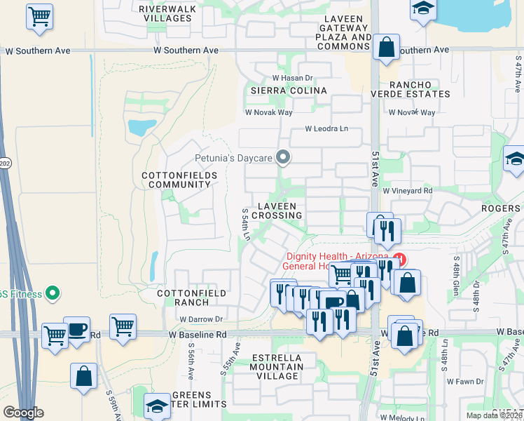 map of restaurants, bars, coffee shops, grocery stores, and more near 5415 West Shumway Farm Road in Phoenix