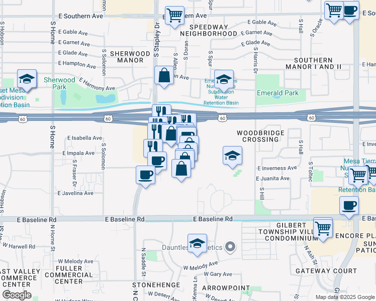 map of restaurants, bars, coffee shops, grocery stores, and more near 1647 South Stapley Drive in Mesa