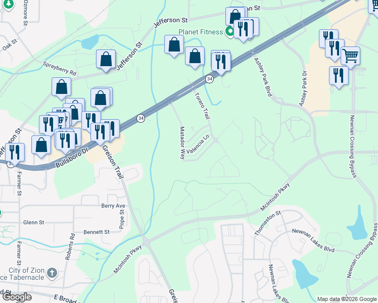 map of restaurants, bars, coffee shops, grocery stores, and more near 21 Valencia Lane in Newnan