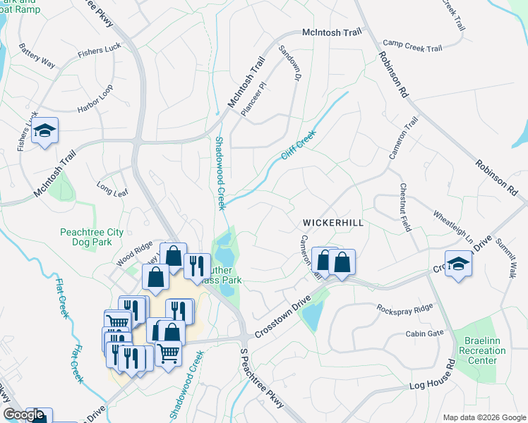 map of restaurants, bars, coffee shops, grocery stores, and more near 123 Pheasant Ridge in Peachtree City