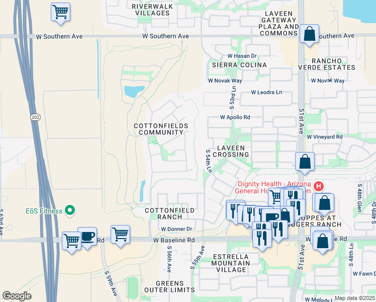 map of restaurants, bars, coffee shops, grocery stores, and more near 7003 South 55th Lane in Phoenix